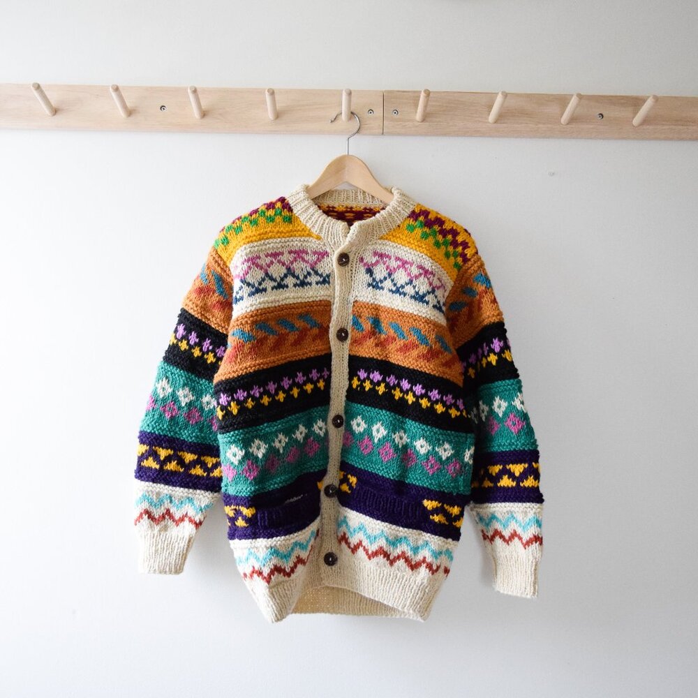 Hand Crafted Cream Multicolor Fair Isle Wool Cardigan